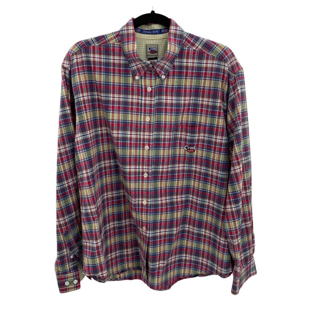 Cruel Girl Button Down Western Shirt‎ Mens XL Red Green Plaid Cotton